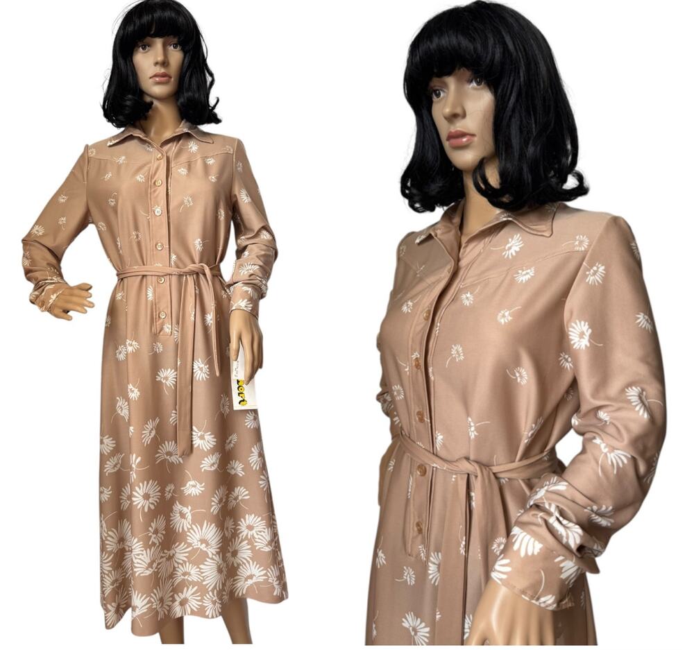 NWT Vintage Just-Mort Floral Khaki Midi collared Dress white daisy print belted
